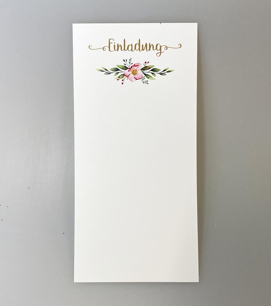 Einlegeblatt mit Goldfolienprägung "Einladung" und Blumenmotiv für Einladungskarte 