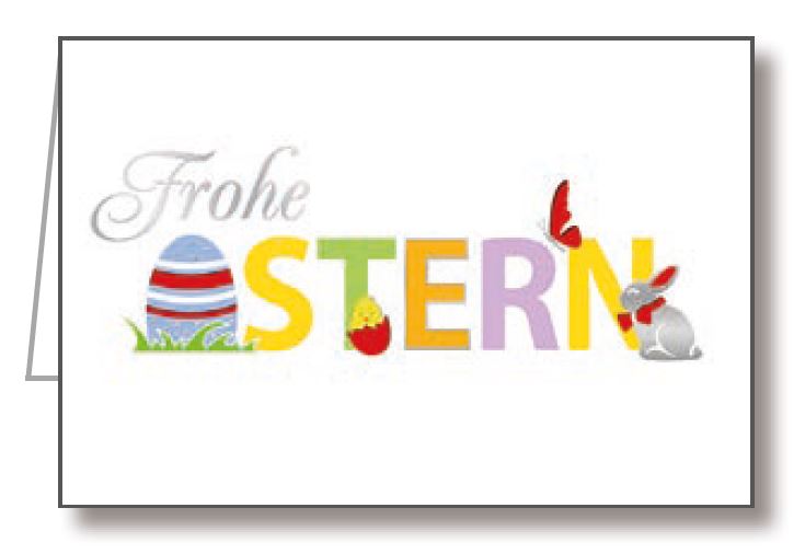 Osterkarte mit buntem Ostergruß, Osterhase und Osterei auf weißem Karton