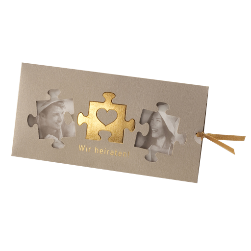 Hochzeitskarte Schiebekarte für Fotodruck mit gold Puzzle