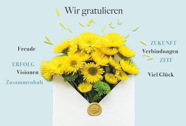 Firmen-Glückwunschkarte mit gelben Blumen im Briefumschlag und "Wir gratulieren"