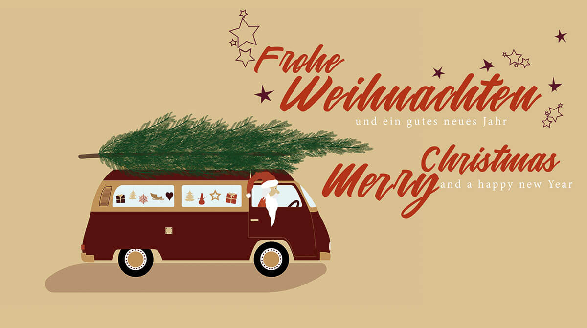 Weihnachtskarte in handlicher Kompaktgröße mit VW-Bulli und Baum auf dem Dach