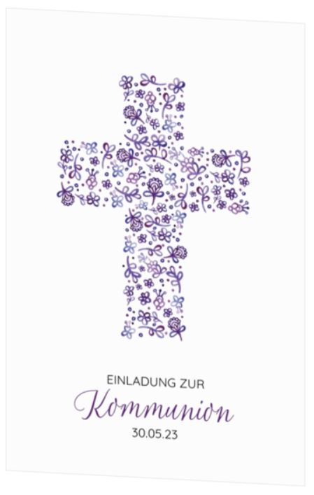 Einladungskarte zur Heiligen Erstkommunion mit Kreuz aus kleinen Blättern in fliederfarben