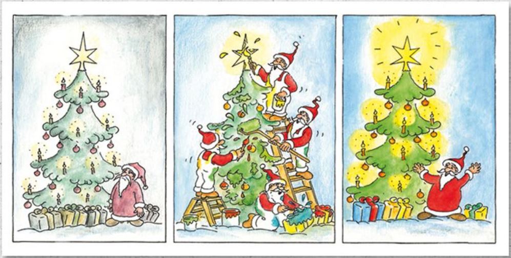 Witzige Weihnachtskarte mit Comic-Motivdruck für Maler Firma  - Die Malerfirma-Truppe kommt zum Weihnachtsmann, und lässt den blassen Weihnachtsbaum des Weihnachtsmann wieder in neuem Glanz erstrahlen.