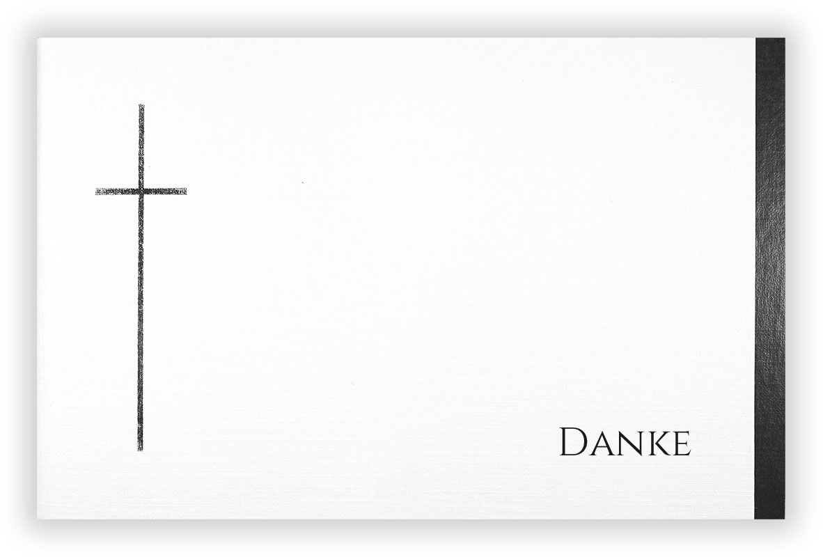 Trauer-Danksagungskarte mit silbernem Kreuz, schwarzem Trauerrand und "Danke"