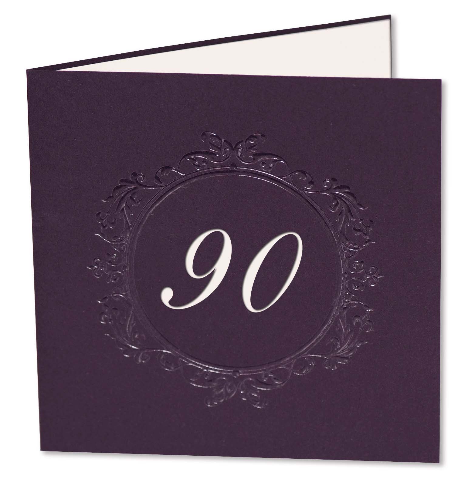 Violette Jubiläumskarte zum 90. Geburtstag mit Zahl 90 in exclusivem Lasercut