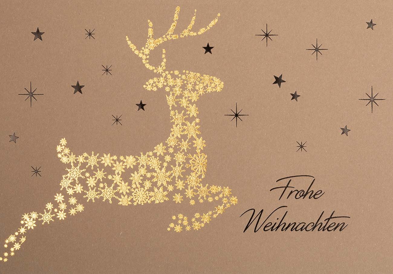 Naturbraune Weihnachtskarte mit goldenem Hirsch und Spende für die Deutsche Alzheimer Gesellschaft