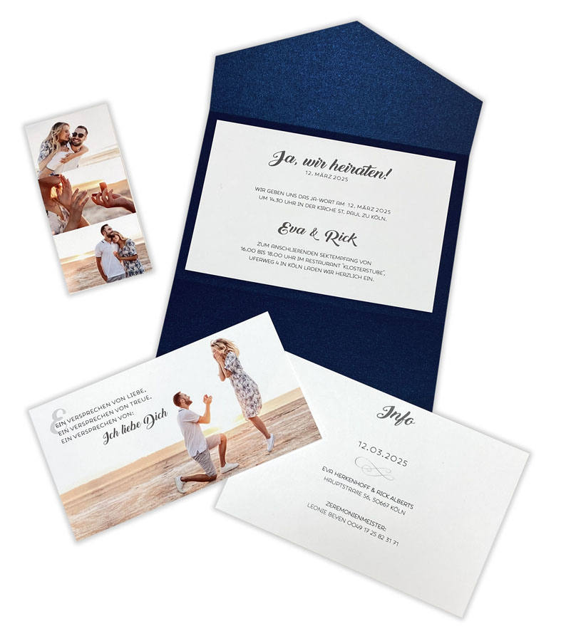 Gestaltungsbeispiel einer Pocketfold-Hochzeitskarte mit eigenen Fotos und Einsteckkarten innen