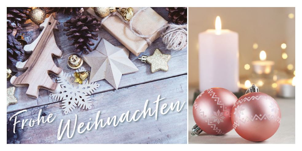 Weihnachtskarte im DIN lang Format mit Weihnachtsdekoration und "Frohe Weihnachten" als Gruß