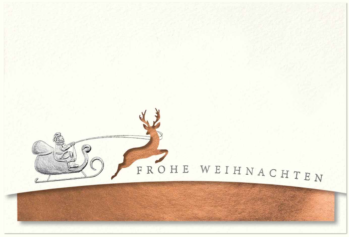 Naturweiße Weihnachtskarte mit springendem Hirsch, Stanzung und kupferfarbenem Einleger