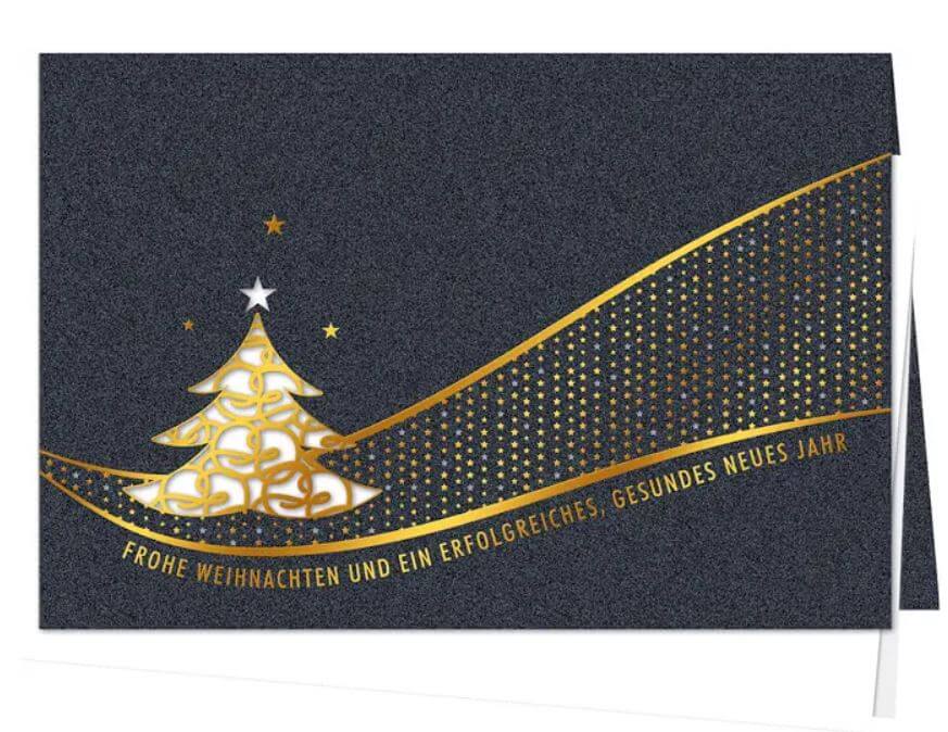 Anthrazitfarbene Weihnachtskarte mit Firmengrüßen, Goldprägung und filigraner Laserstanzung