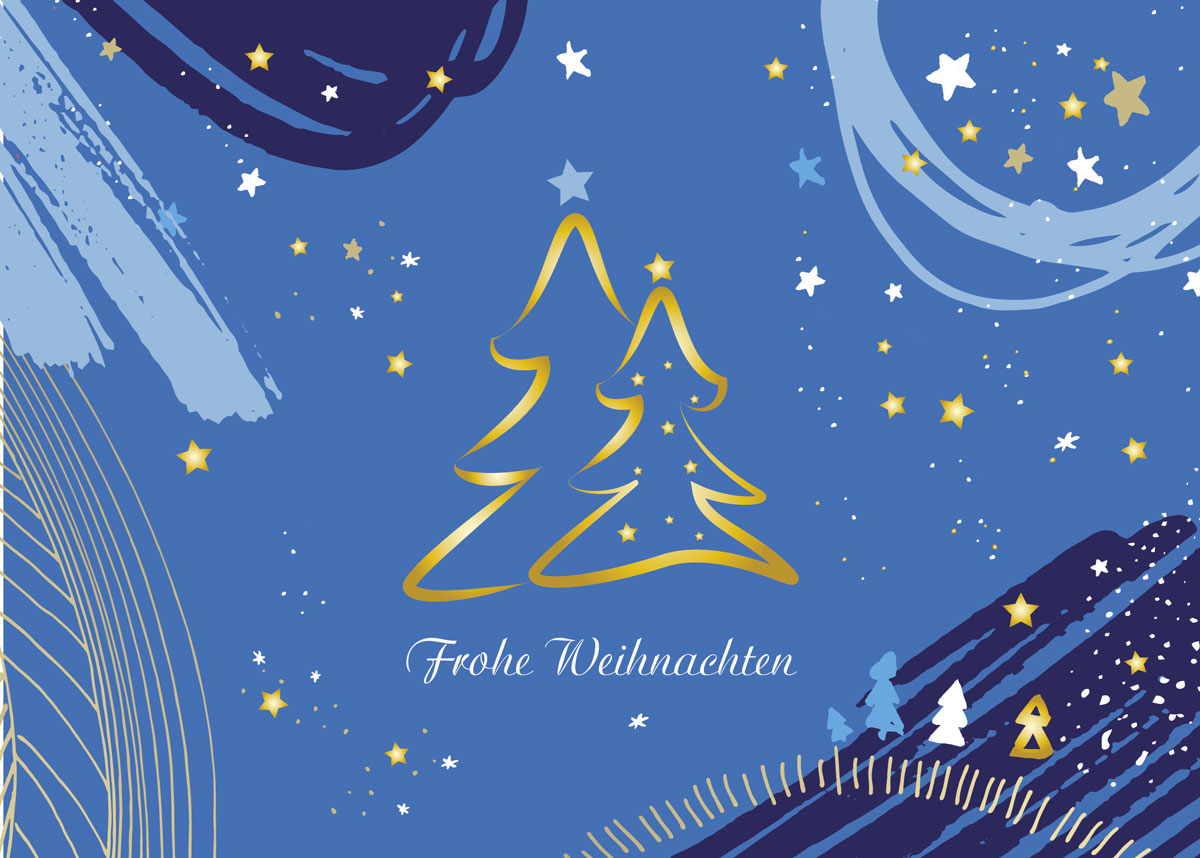 Blaue Spendenweihnachtskarte mit Gold- und Silberfolienprägung sowie Spende für die DKKS