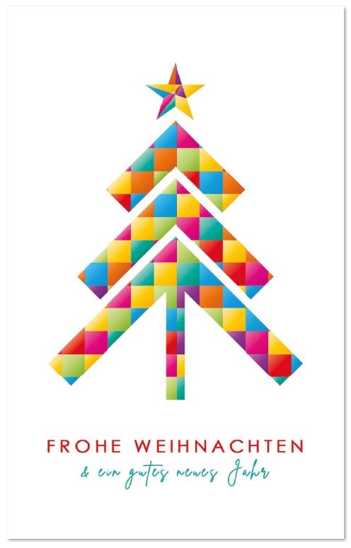 Moderne Weihnachtskarte mit Weihnachtsgruß und buntem Baum im Karo-Muster