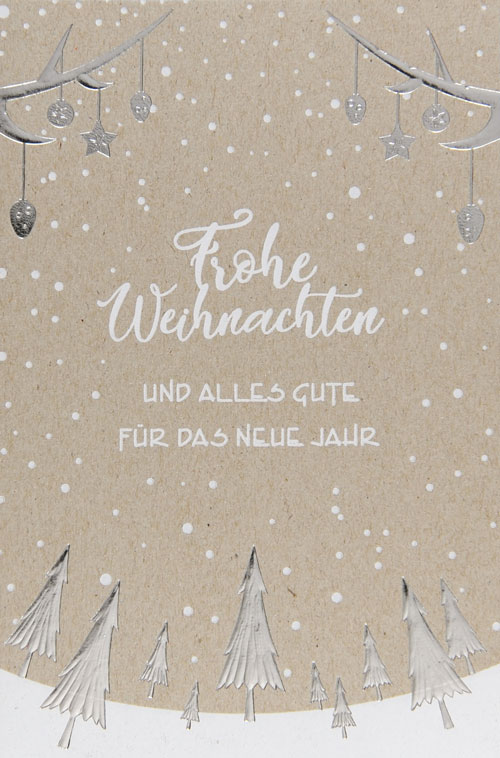 Kraftkarton Weihnachtskarte mit Grußtext und weihnachtlichen Symbolen