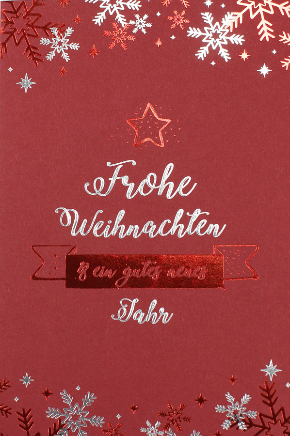 Rote Weihnachtskarte mit Schneeflocken und Weihnachtsgruß in Rot- und Silberfolienprägung