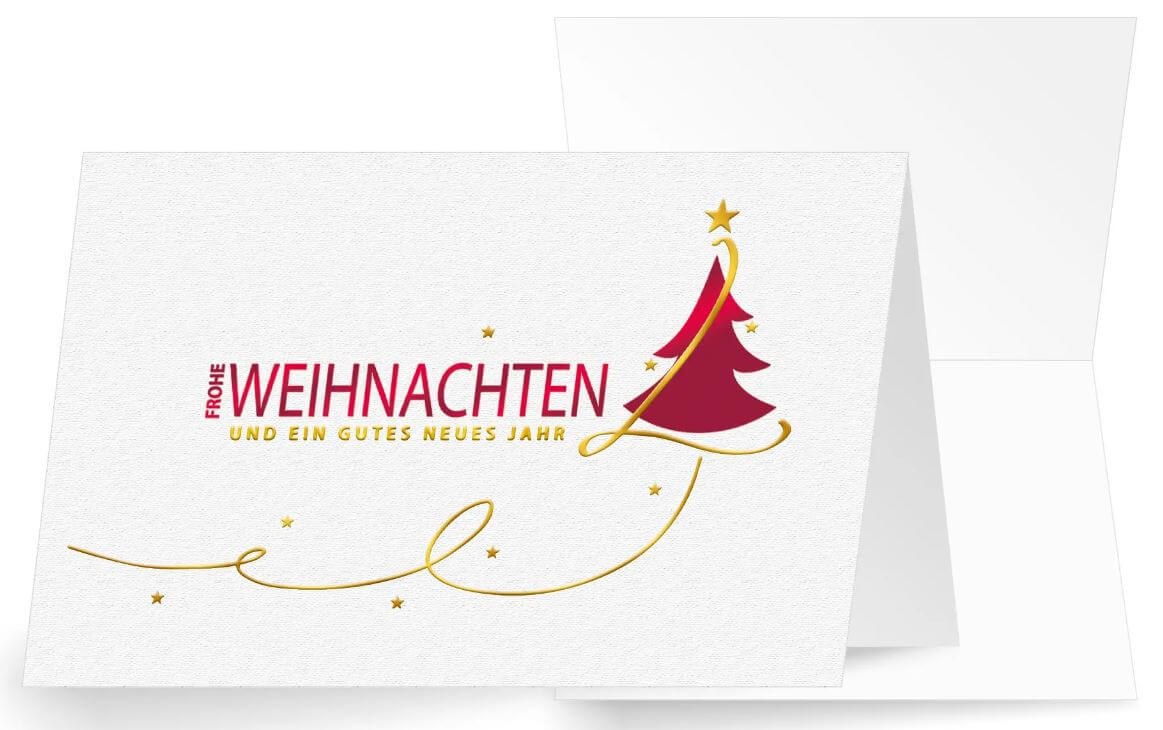 Weiße Weihnachtskarte mit Goldfolienprägung und Weihnachtsbaum in rot