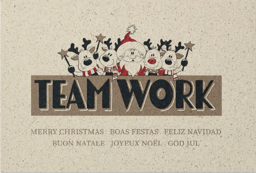 Humorvolle Firmenweihnachtskarte aus Graspapier "Teamwork" mit internationalen Grüßen