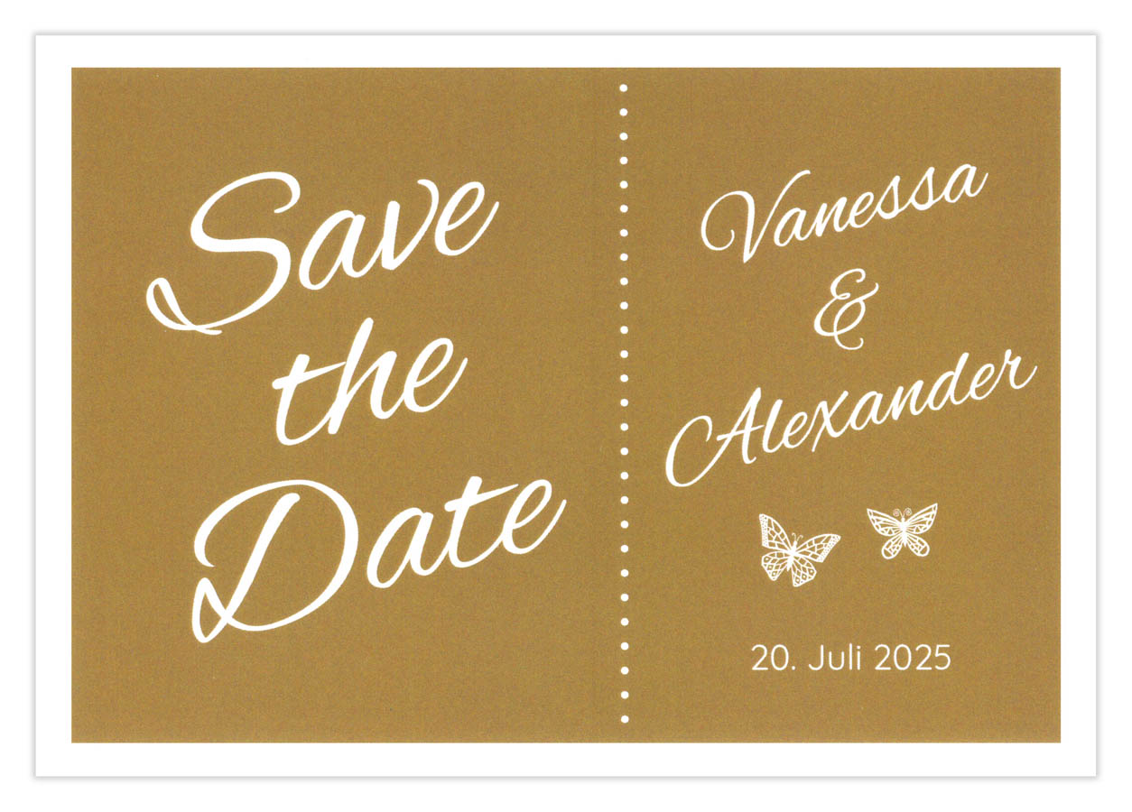 Save-the-Date-Karte für die Hochzeitsfeier, typographische Gestaltung in sandgold / weiß.