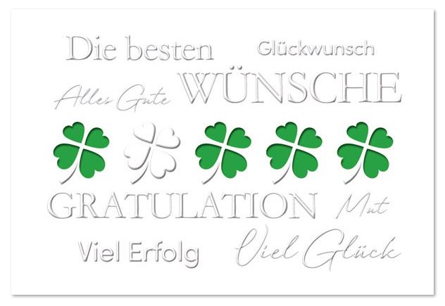 Weiße Grußkarte mit Kleeblättern, grünem Einlegeblatt und Firmenglückwünsche in Blindprägung