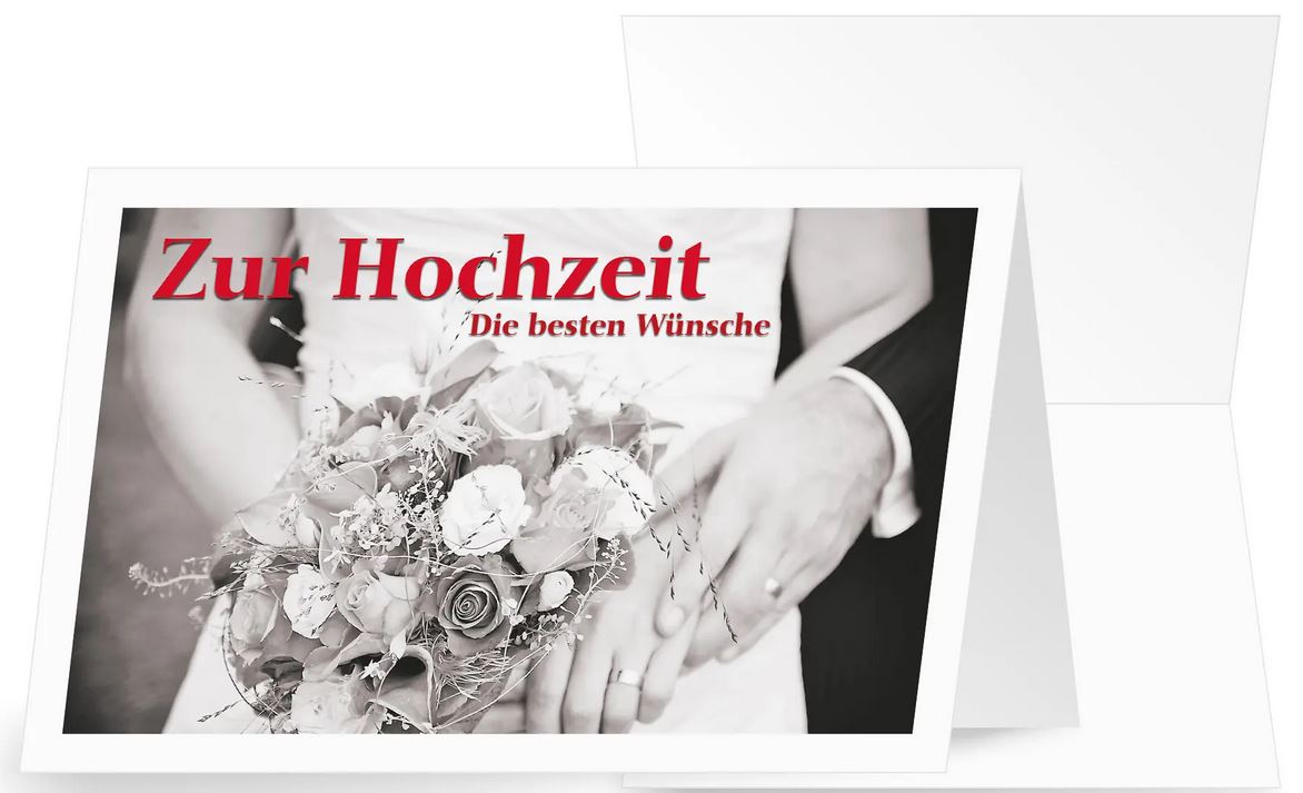 Glückwunschkarte zur Hochzeit mit Brautstrauß, Braut und Bräutiam im schwarz-weiß Druck