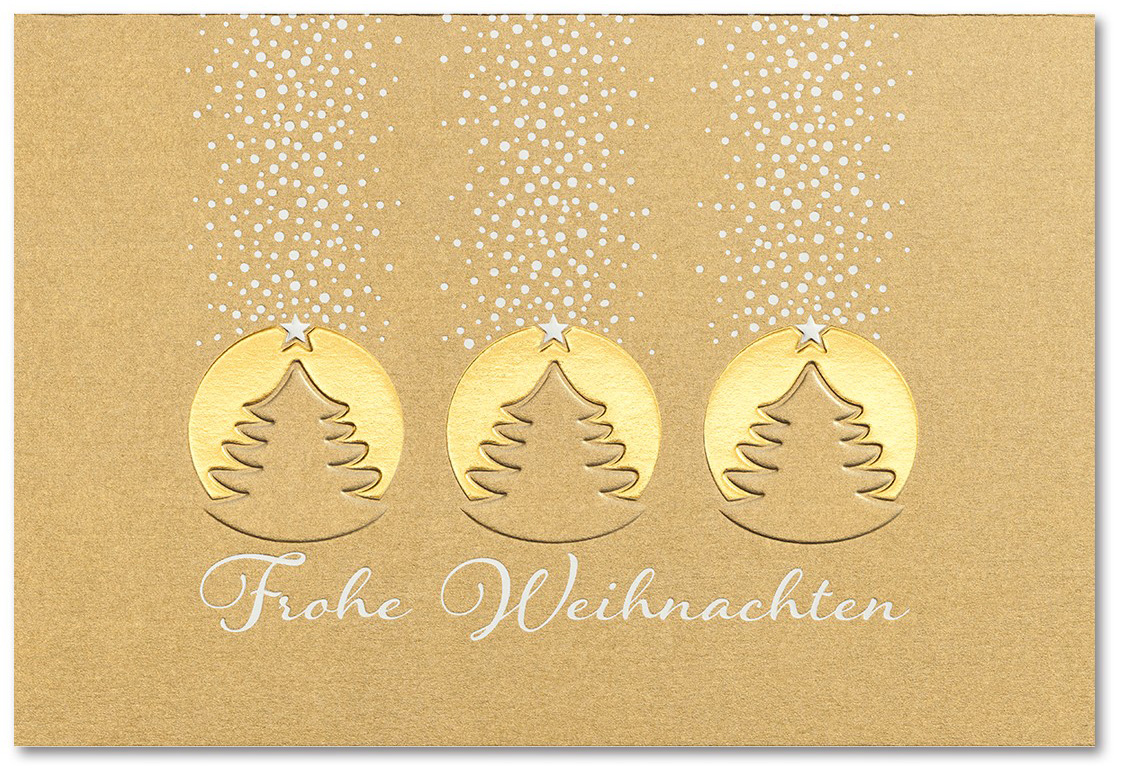 Altgoldfarbene Weihnachtskarte mit drei Weihnachtsbäumen und Schriftzug