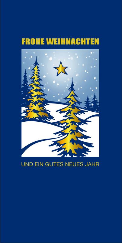 Blaue Winter-Weihnachtskarte im DIN lang Format mit Tannen im Schnee, Stern und Schneeflocken