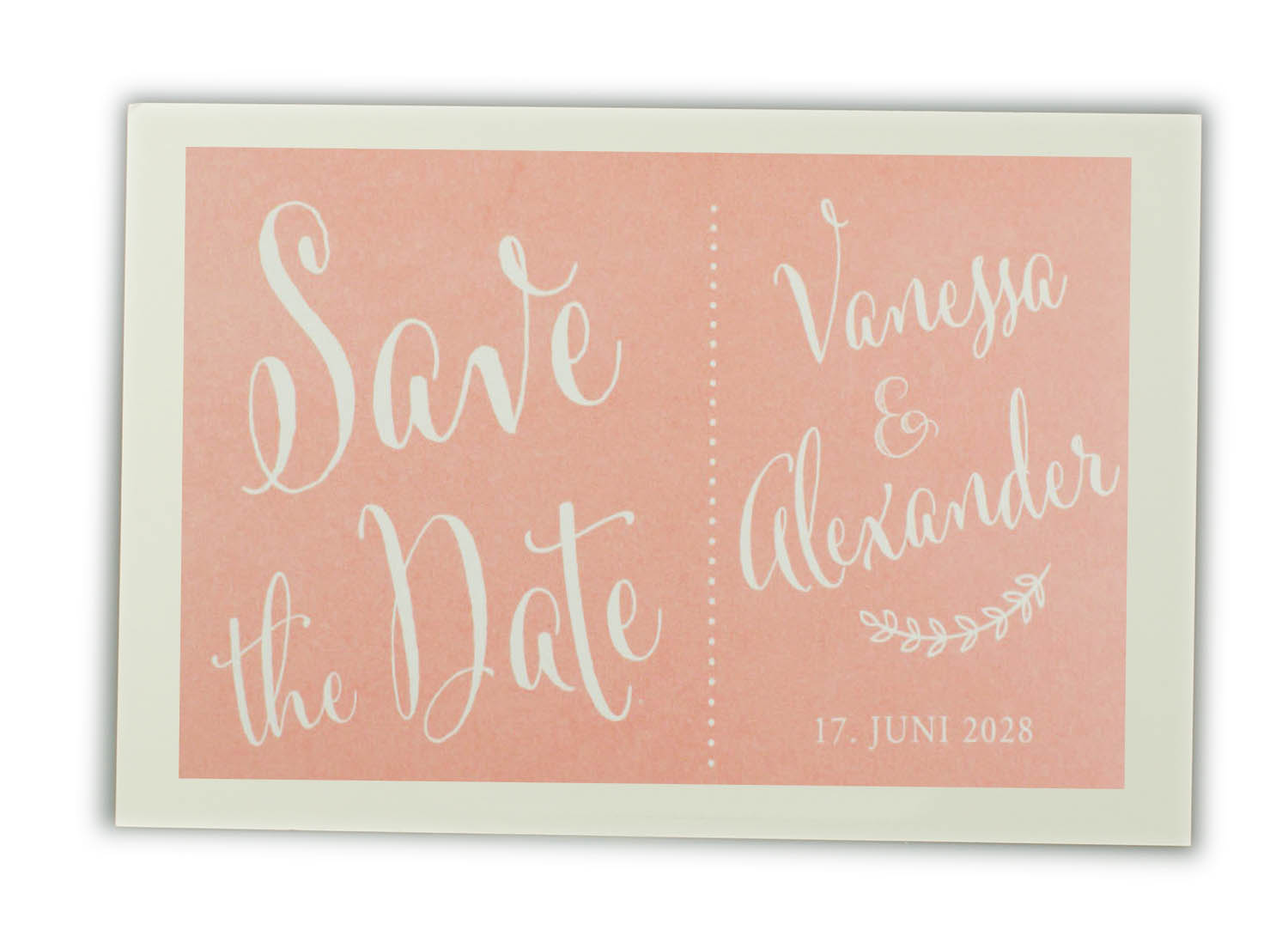 Blankokarte creme glatt im Beispiel als Save the Date Karte in apricot / lachs bedruckt