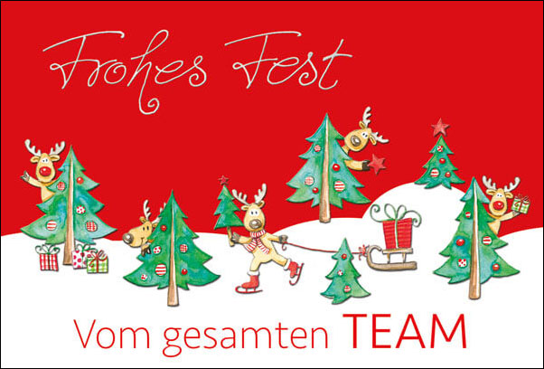 Lustige Weihnachtskarte mit Winterlandschaft und Rentieren - Teamkarte