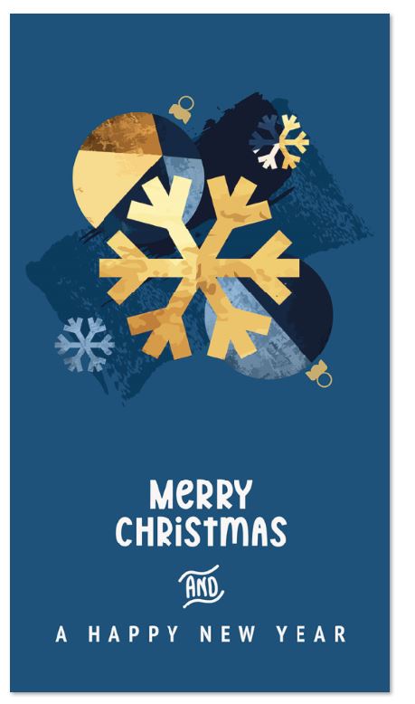 Englischsprachige Weihnachtskarte in blau im praktischen Kleinformat mit goldener Schneeflocke und Kugeln