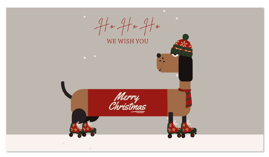 Tierisch, lustige Weihnachtskarte im kleinen Format mit süßem Dackel auf Rollschuhen und "We wish you Merry Christmas" 