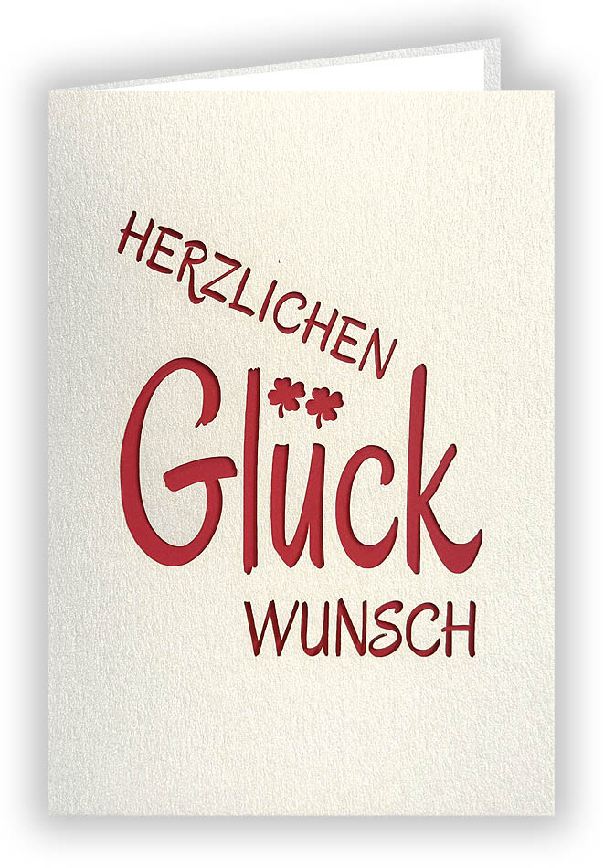 Weiße Glückwunschkarte aus Metallickarton, im Hochformat, mit Ausstanzung "Herzlichen Glückwunsch" und rot/weißem Einlegeblatt 