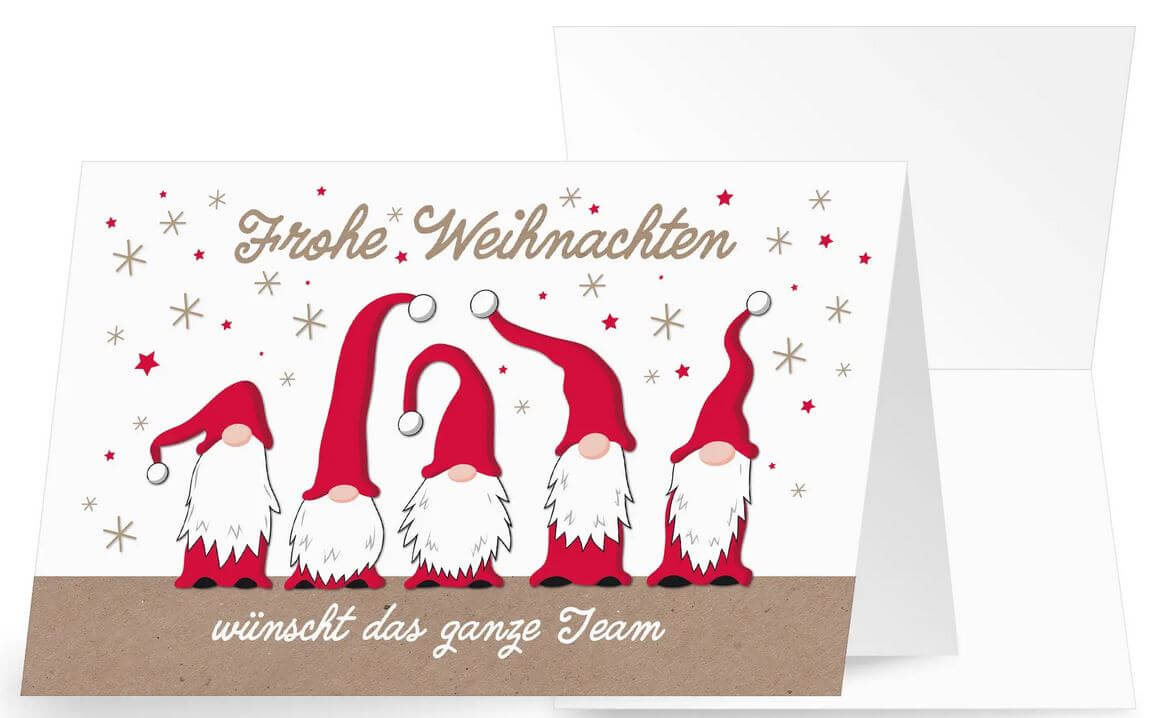 Geschäftliche Weihnachtskarte mit kleinen Wichteln und Grüßen vom gesamten Team