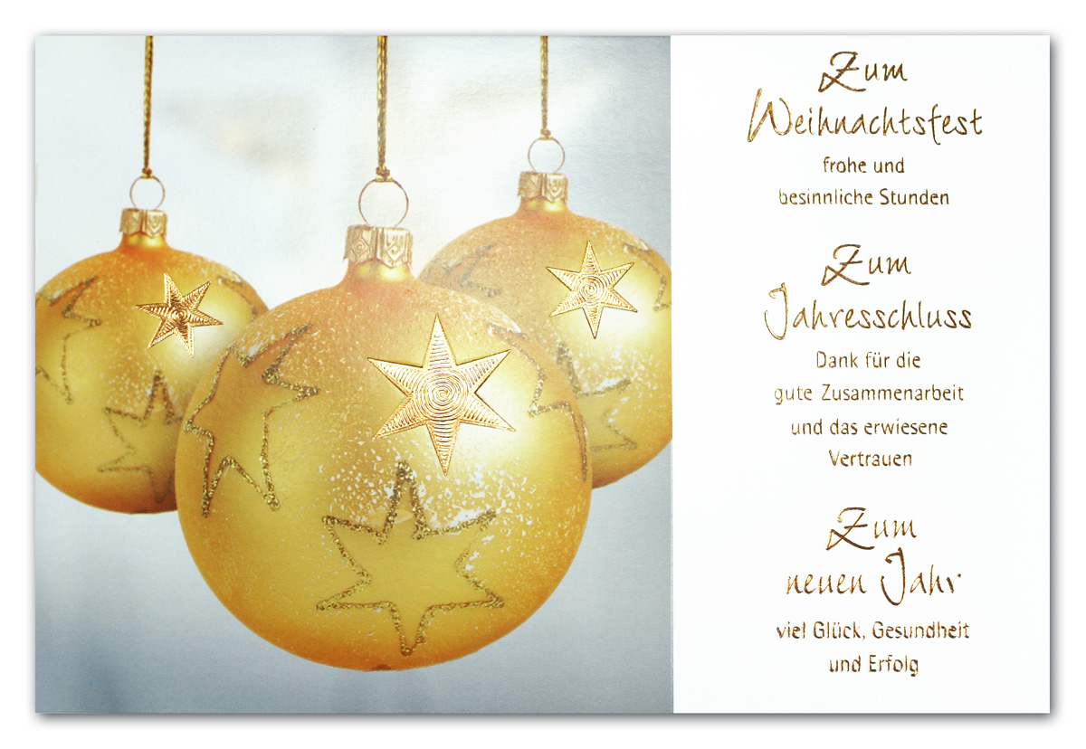 Geschäftliche Weihnachtskarte mit goldenen Kugeln und Dank für die Zusammenarbeit