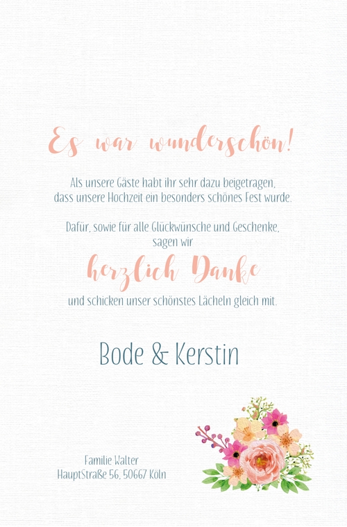 Rückseite der Hochzeits-Foto-Dankkarte mit Blumenbouquet und Fotodruck