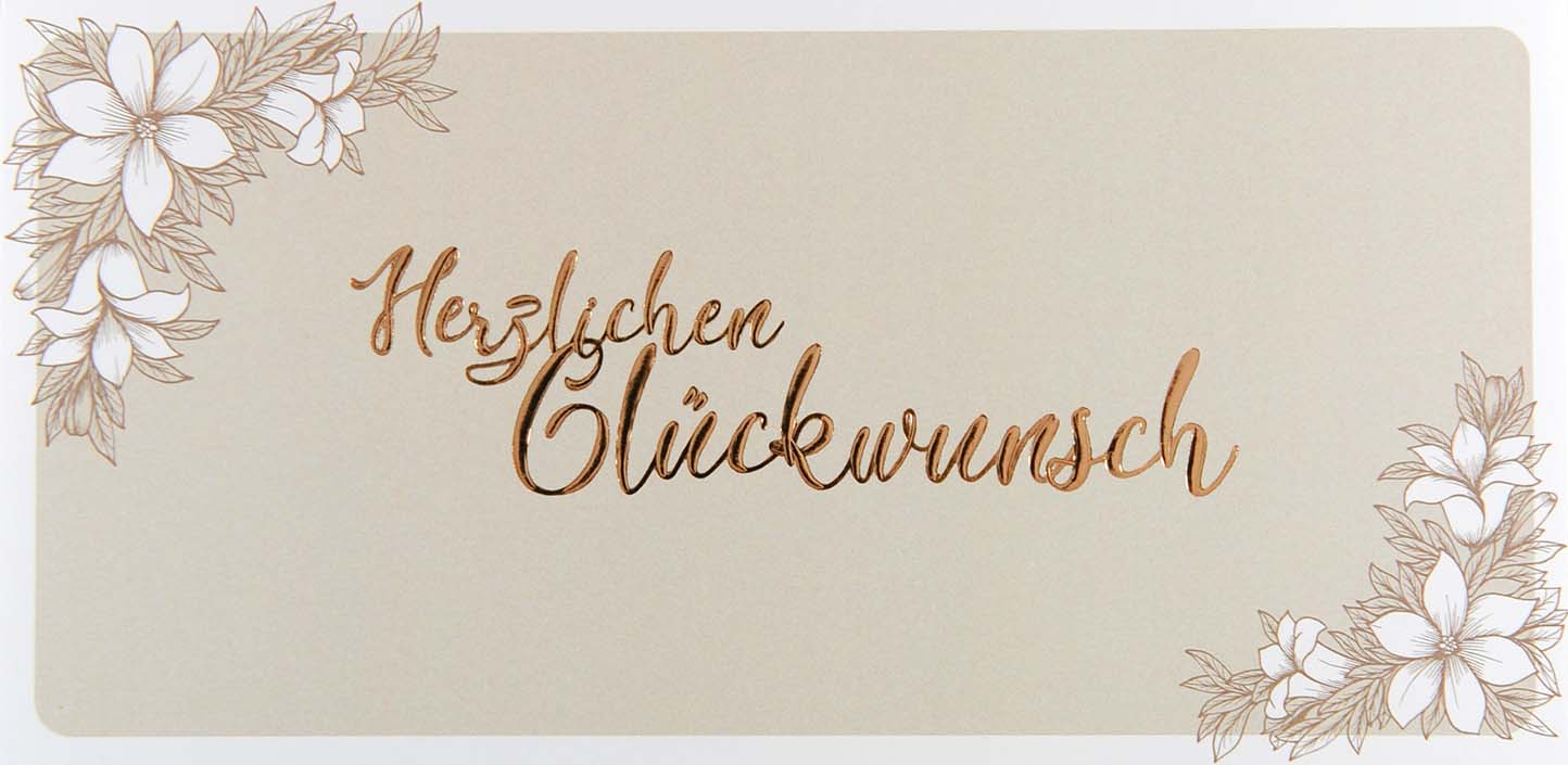 Klassische Glückwunschkarte DIN lang mit Blumen und Glückwünschen in gold