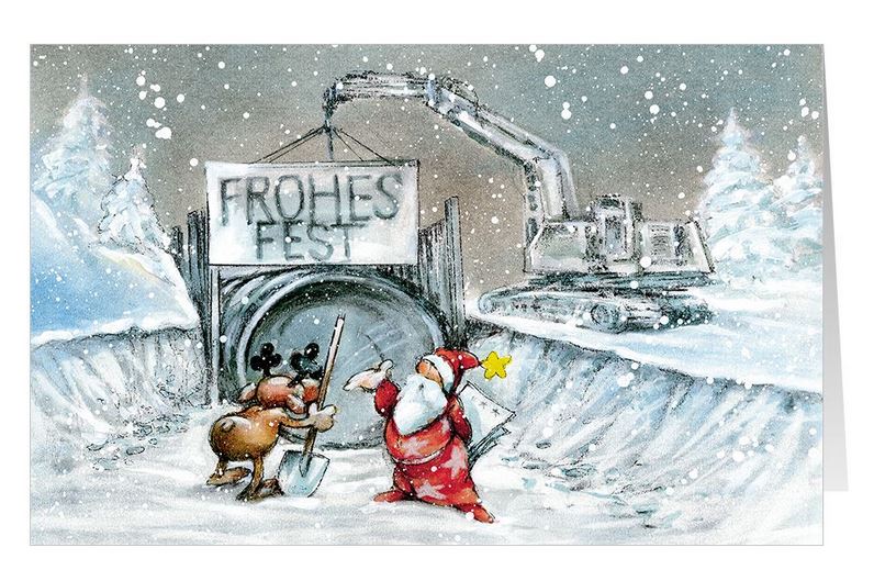 Humorvolle Weihnachtskarte mit "Frohes Fest" und dem Weihnachtsmann und Rentier an der Baustelle