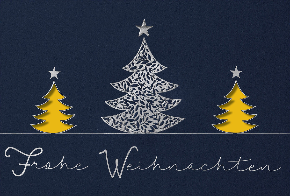 Nachtblaue Weihnachtskarte mit Stanzung, gelbem Falteinleger und silberner Folienprägung