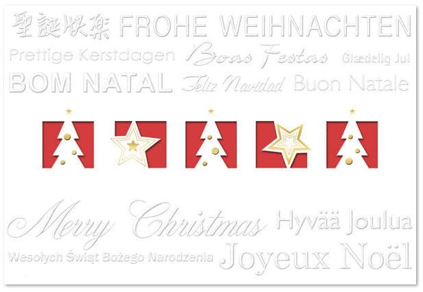 Internationale Weihnachtskarte in weiß mit rotem Falteinlegeblatt und Stanzung Baum und Sterne