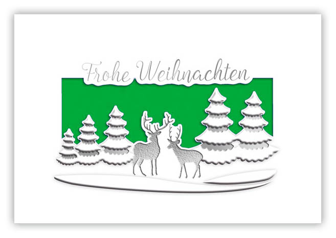 Weiße Weihnachtskarte mit grünem Falteinlegeblatt, Formstanzung und Silberfoliendruck