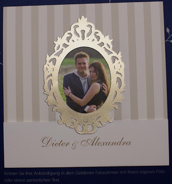 Exklusive Einladungskarte für Hochzeit oder Goldene Hochzeit, mit eigenem Foto und Ornament in Goldfolienprägung