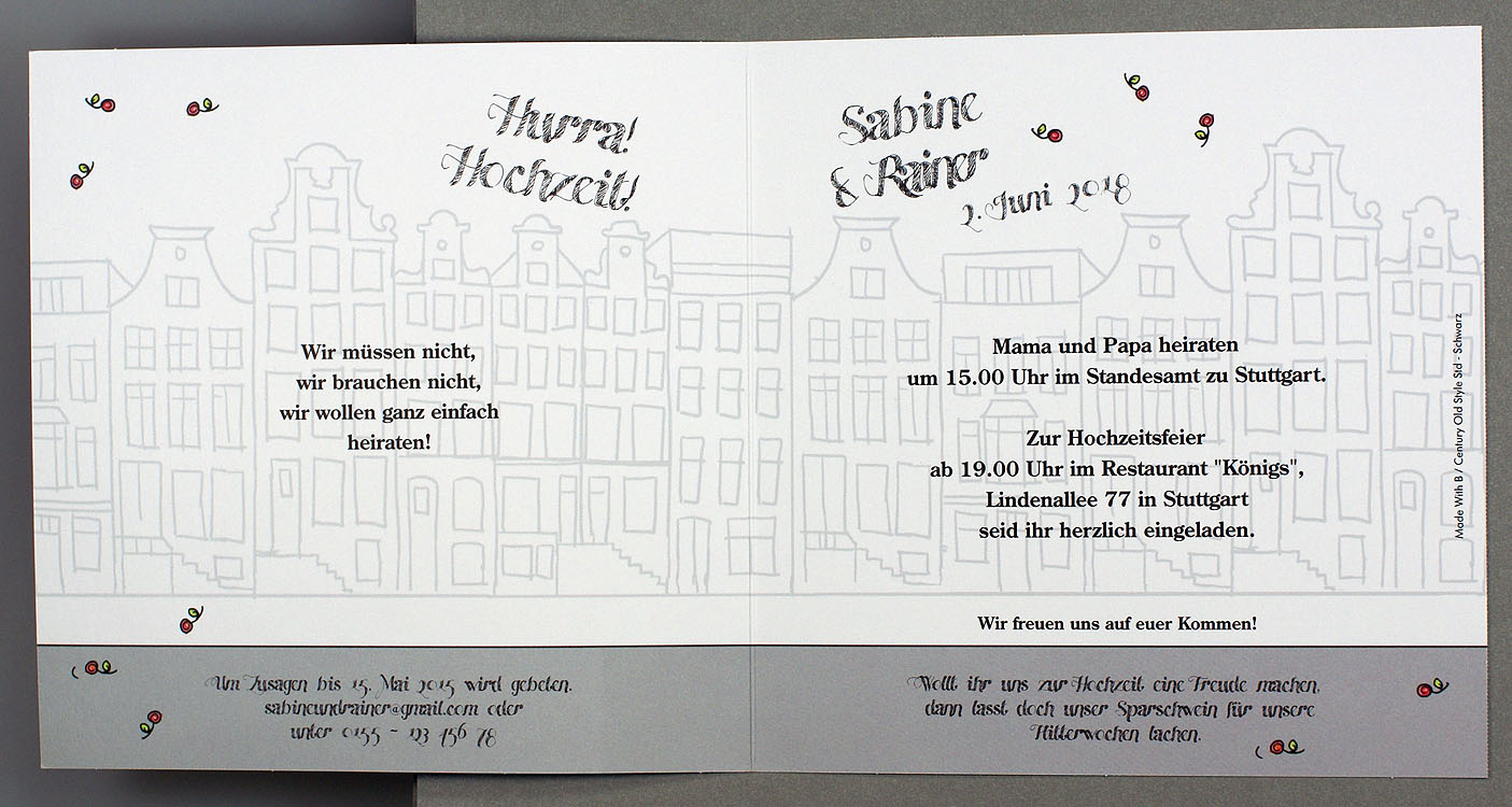 Innenseite der Hochzeitskarte mit Mustertext für Einladung zur Hochzeit mit Kind