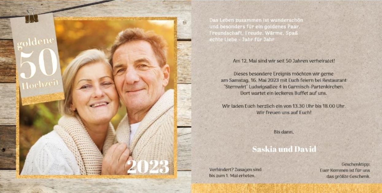 Innenseiten mit eigenem Foto von Heute und Mustertext Einladung zur Goldenen Hochzeit