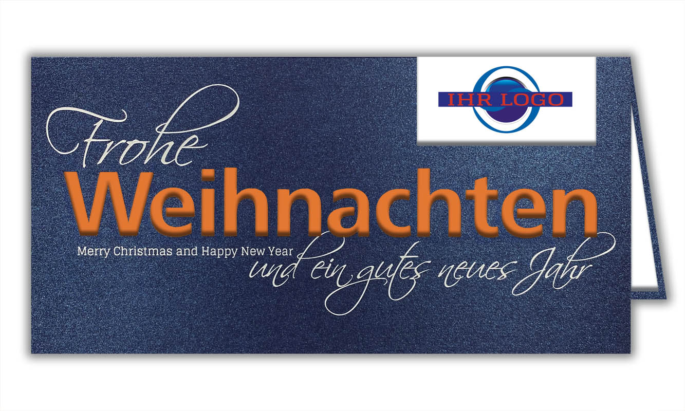 Dunkelblaue Weihnachtskarte mit Firmen-Logo Stanzung, weißem Schriftzug und orange-/weißem Einlegeblatt