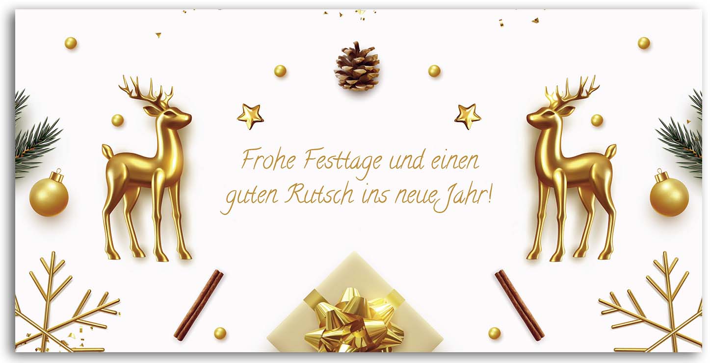 Weihnachtskasrte im DIN lang Format mit Weihnachtsgruß, goldenen Hirschen und Sternen