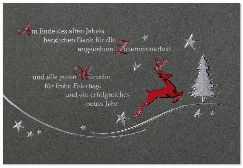 Geschäftliche Weihnachtskarte in anthrazit-metallic mit springendem Hirsch, Sternen und Baum