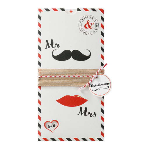 Hochzeitskarte "Mr - Mrs" mit Moustache und Kussmund