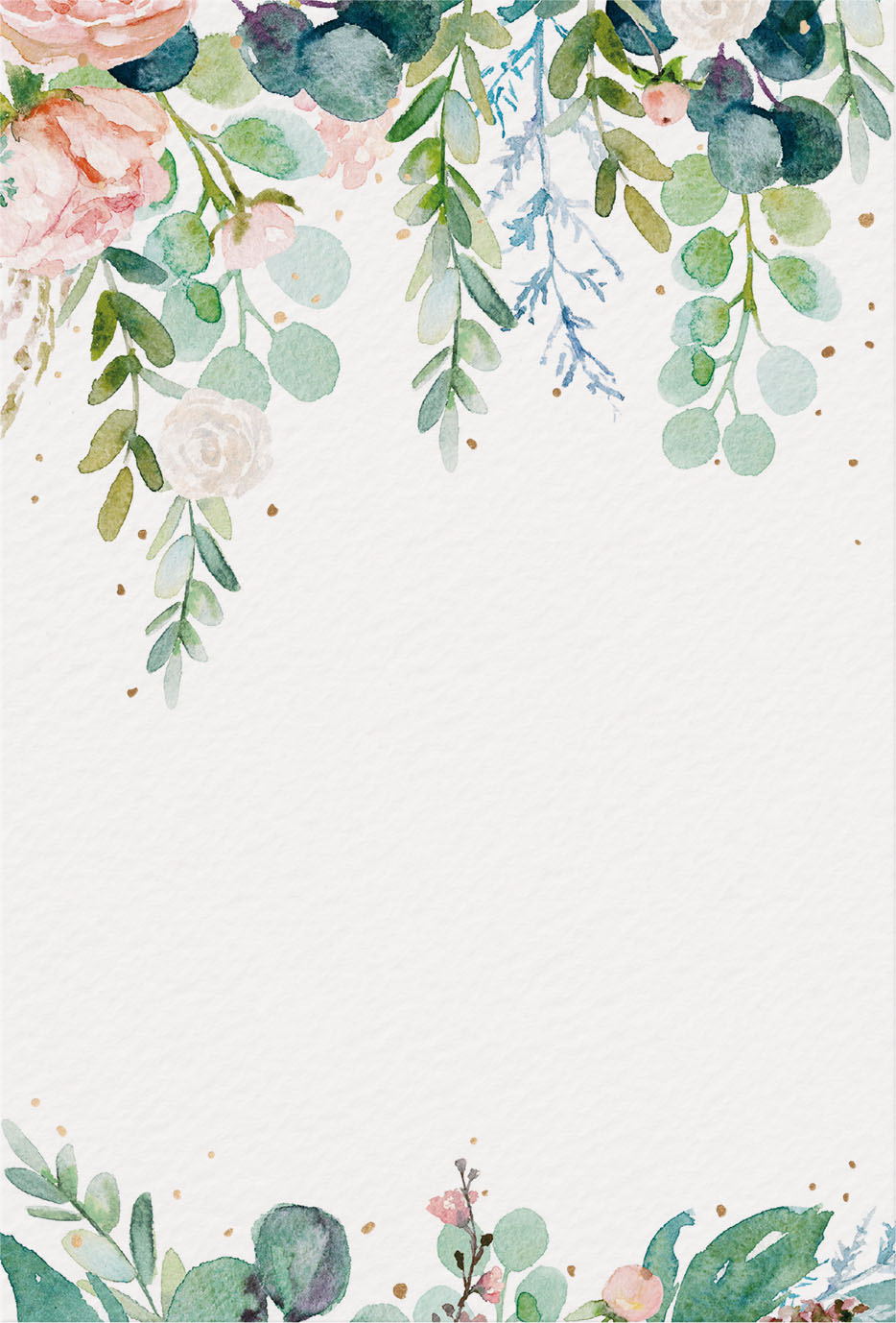 Blumige Einladungskarte zum Geburtstag mit Blättern und Rosenblüten auf Aquarellkarton