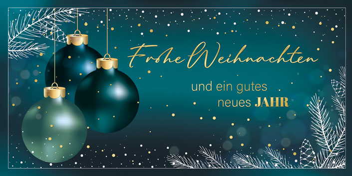 Blaugrüne Weihnachtskarte im DIN lang Format mit Einlegeblatt und goldenem Weihnachtsgruß