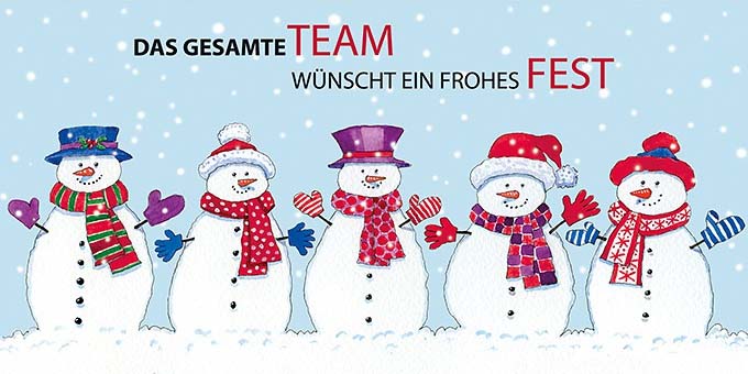 Fröhliche Firmen-Weihnachtskarte im DIN lang Format mit Schneemännern und Teamgrüßen