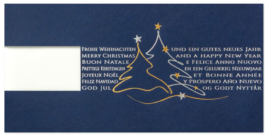 Firmenweihnachtskarte mit internationalen Grüßen und Fensterstanzung für das Firmenlogo