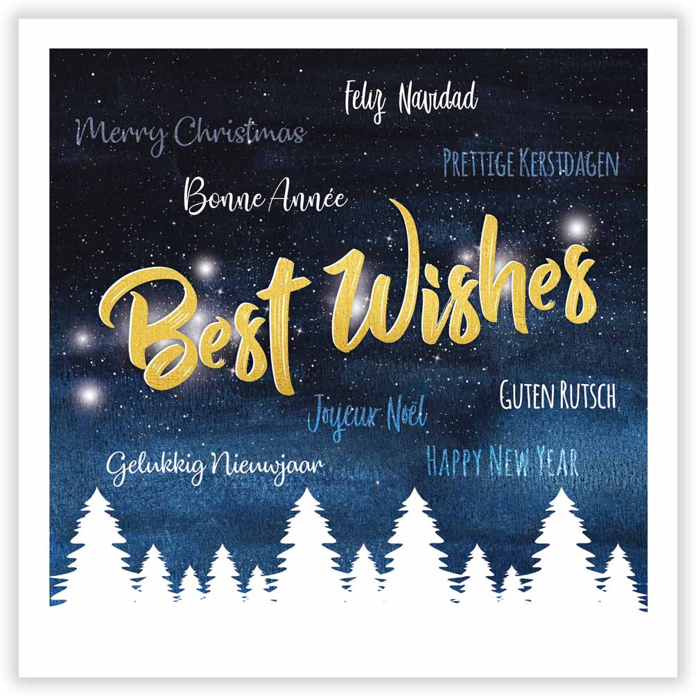 Quadratische Weihnachtskarte "Best Wishes" mit internationalen Grüßen